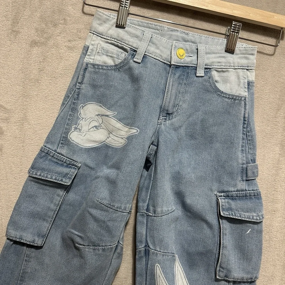 Justice Looney Tunes‎ Barrel Jeans Youth Size 6 Light Wash Cargo Denim